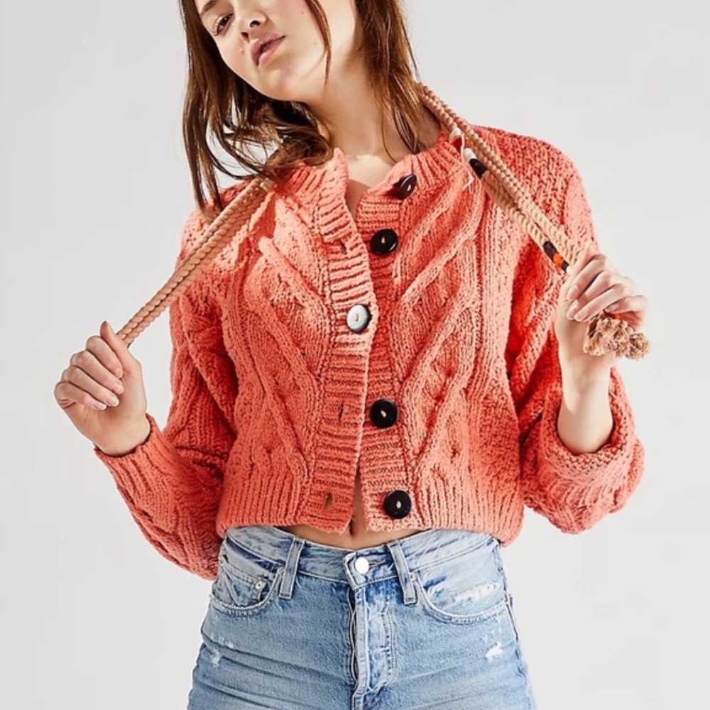 Free People Coral Cable Knit Cardigan